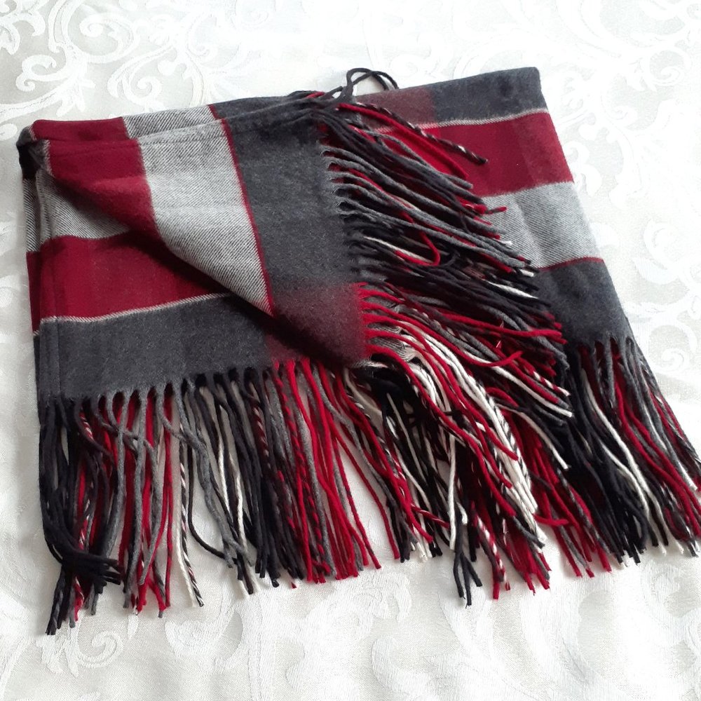 Lord and Taylor gray and maroon plaid fringed infinity scarf